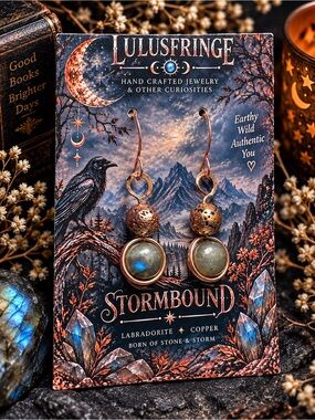 Artisan Copper Labradorite Orb Drop Earrings — Blue, Gold